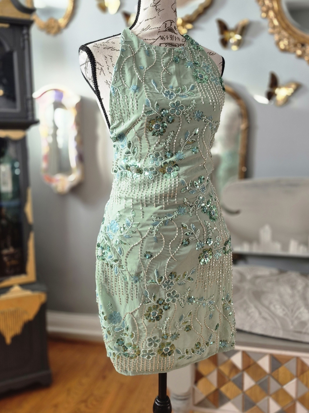 70s Vibe Mint Green Halter Cocktail Dress Medium - Picture 3 of 7